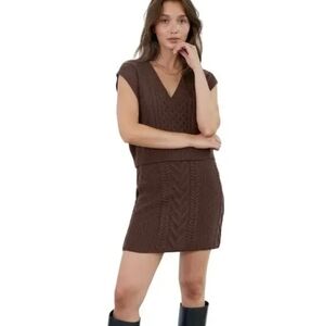 New BABATON Brown Cable Knit 100% Merino Wool Pull On Skirt M